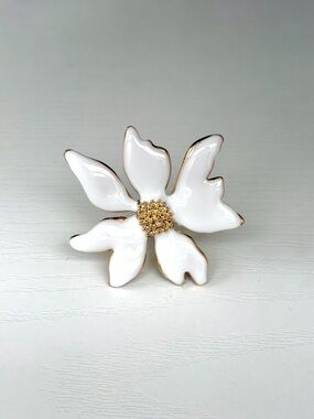White Enamel Flower Ring with Gold Center - Elegant Women’s Jewelry